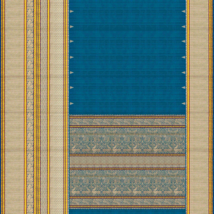 Body Closeup view of a Blue plain Kanjivaram silk saree with threadwork motifs.