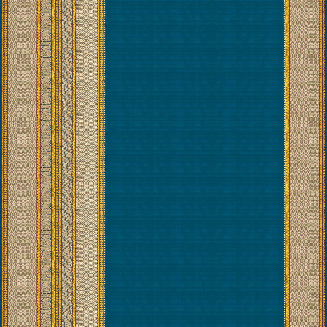 Blouse closeup of a Closeup view of a Blue plain Kanjivaram silk saree with threadwork motifs.