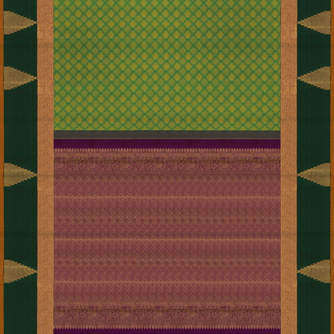 Body Pallu Closeup view of a Light green Kanjivaram silk saree with temple border and purple pallu.