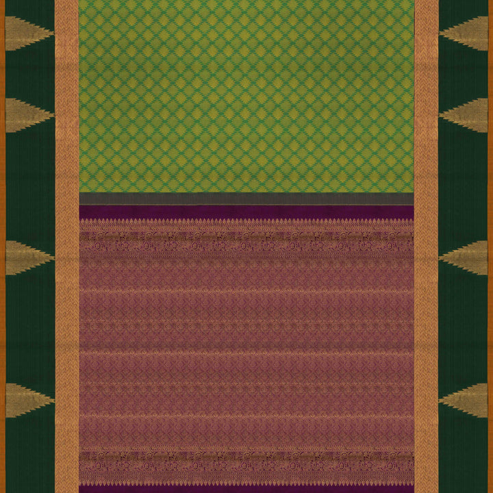 Body Pallu Closeup view of a Light green Kanjivaram silk saree with temple border and purple pallu.