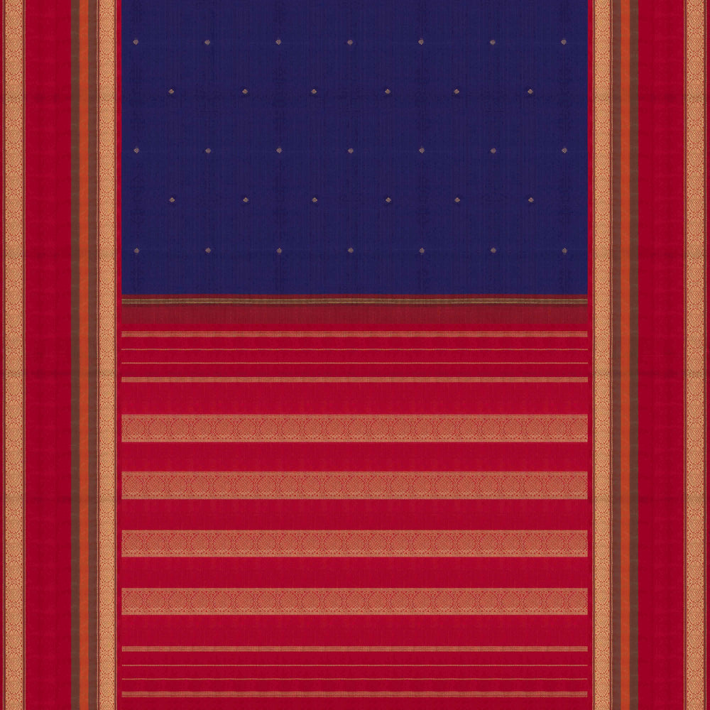 Pallu body view of a Navy blue Kanjivaram silk saree with red korvai border.