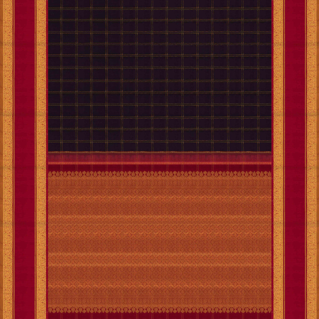 Pallu body view of a Midnight blue Kanjivaram silk saree with red korvai border and gold checks.