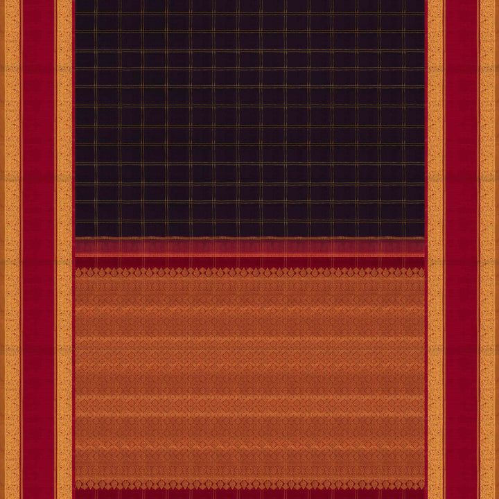 Pallu body view of a Midnight blue Kanjivaram silk saree with red korvai border and gold checks.