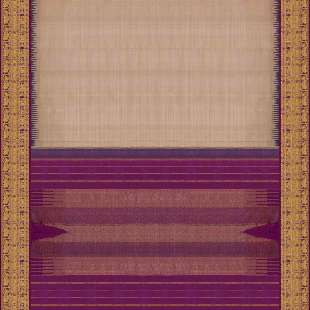 Body Pallu view of a Beige Kanjivaram silk saree with magenta korvai temple border.