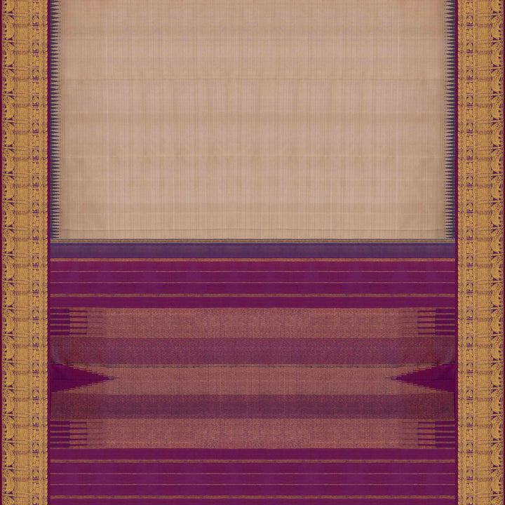 Body Pallu view of a Beige Kanjivaram silk saree with magenta korvai temple border.