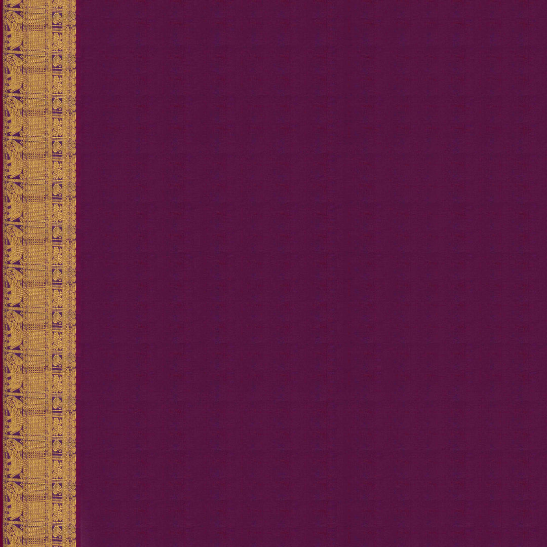 Blouse closeup of a Beige Kanjivaram silk saree with magenta korvai temple border.