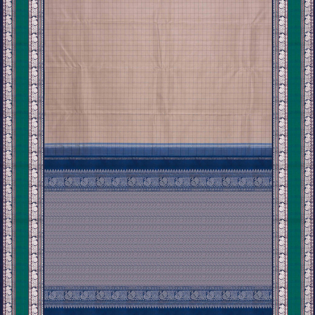 Body Pallu of a Grey checked Kanjivaram silk saree with blue korvai border.