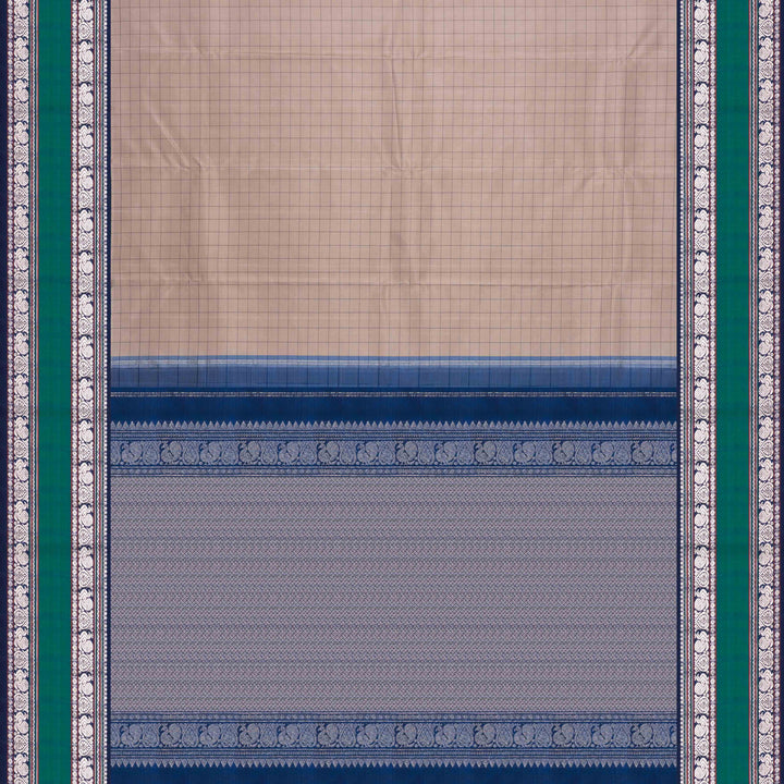 Body Pallu of a Grey checked Kanjivaram silk saree with blue korvai border.