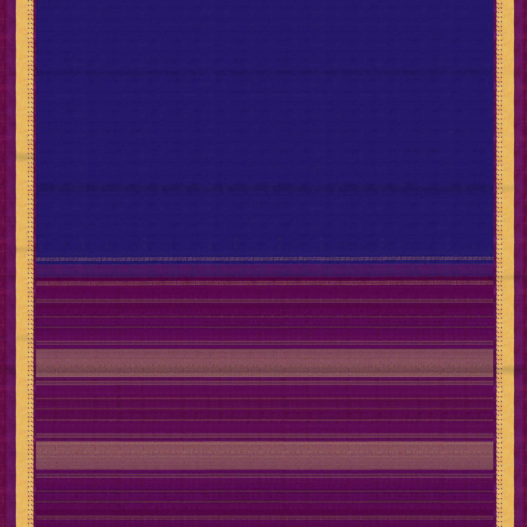 Body pallu view of a Blue Kanjivaram silk saree with dark magenta border.
