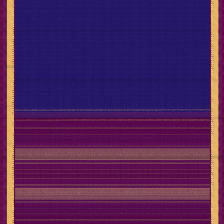 Body pallu view of a Blue Kanjivaram silk saree with dark magenta border.