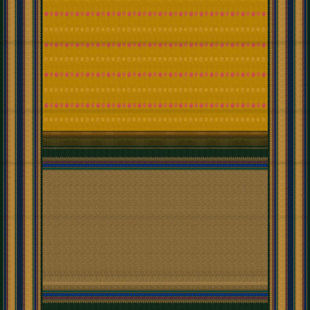 Body Pallu Closeup of a Yellow Korvai Kanjivaram silk saree with green border.