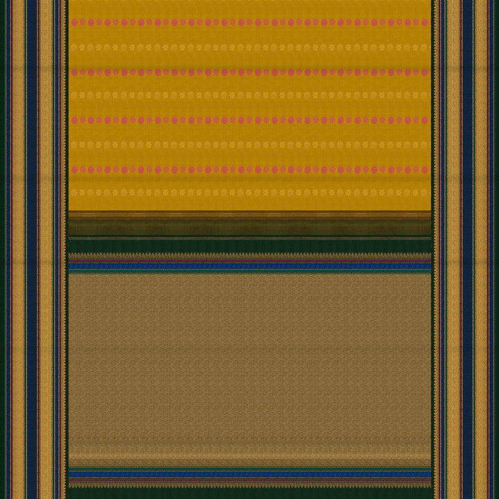 Body Pallu Closeup of a Yellow Korvai Kanjivaram silk saree with green border.