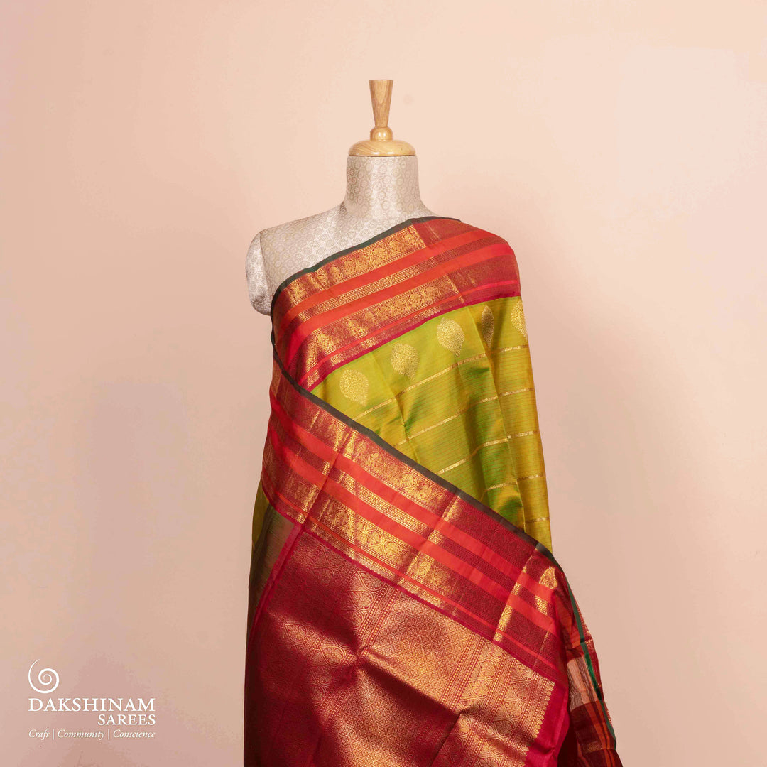 Pleats/body of Handwoven Korvai Kanjivaram silk Saree