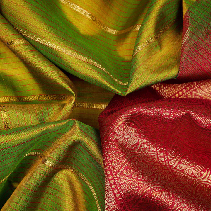 Closeup of  Handwoven Korvai Kanjivaram silk Saree