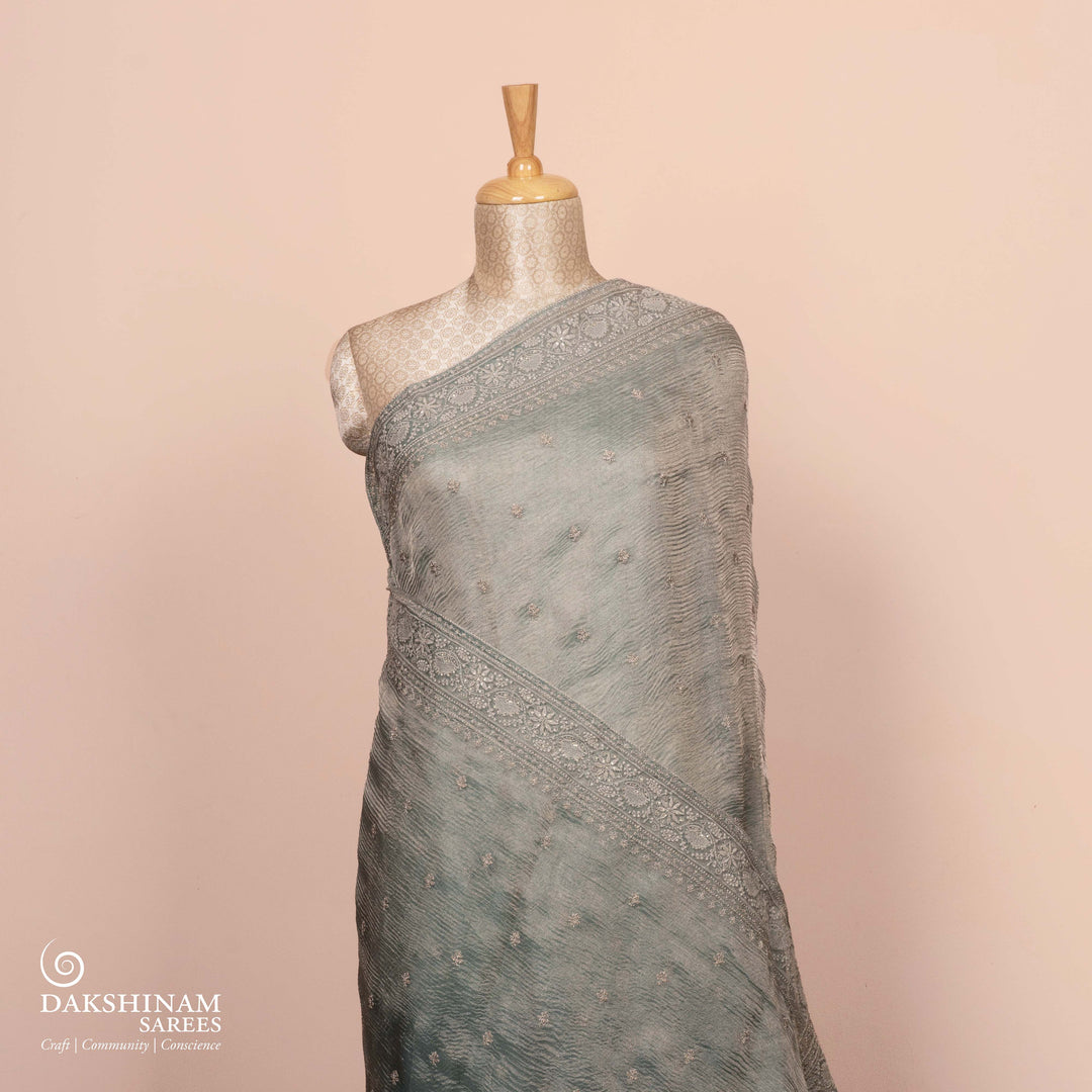 Pleats/body of  Handembroidered  Tissue Organza silk Saree