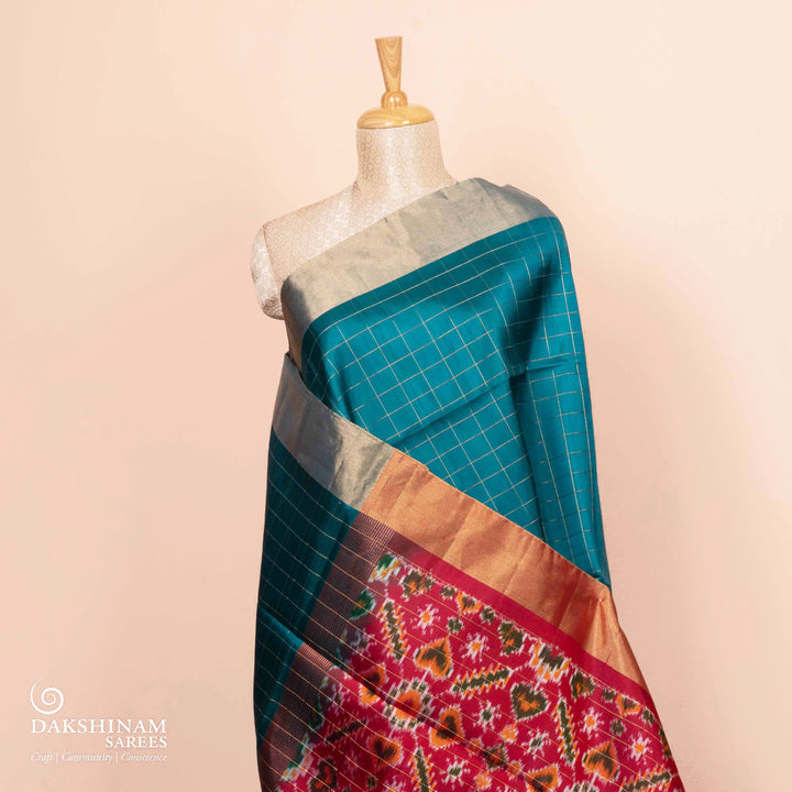 Pleats/body of  Handwoven Ikat Soft Silk Saree