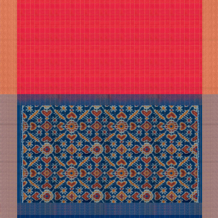 Pallu of Handwoven Peach with Blue Ikat Soft silk Saree