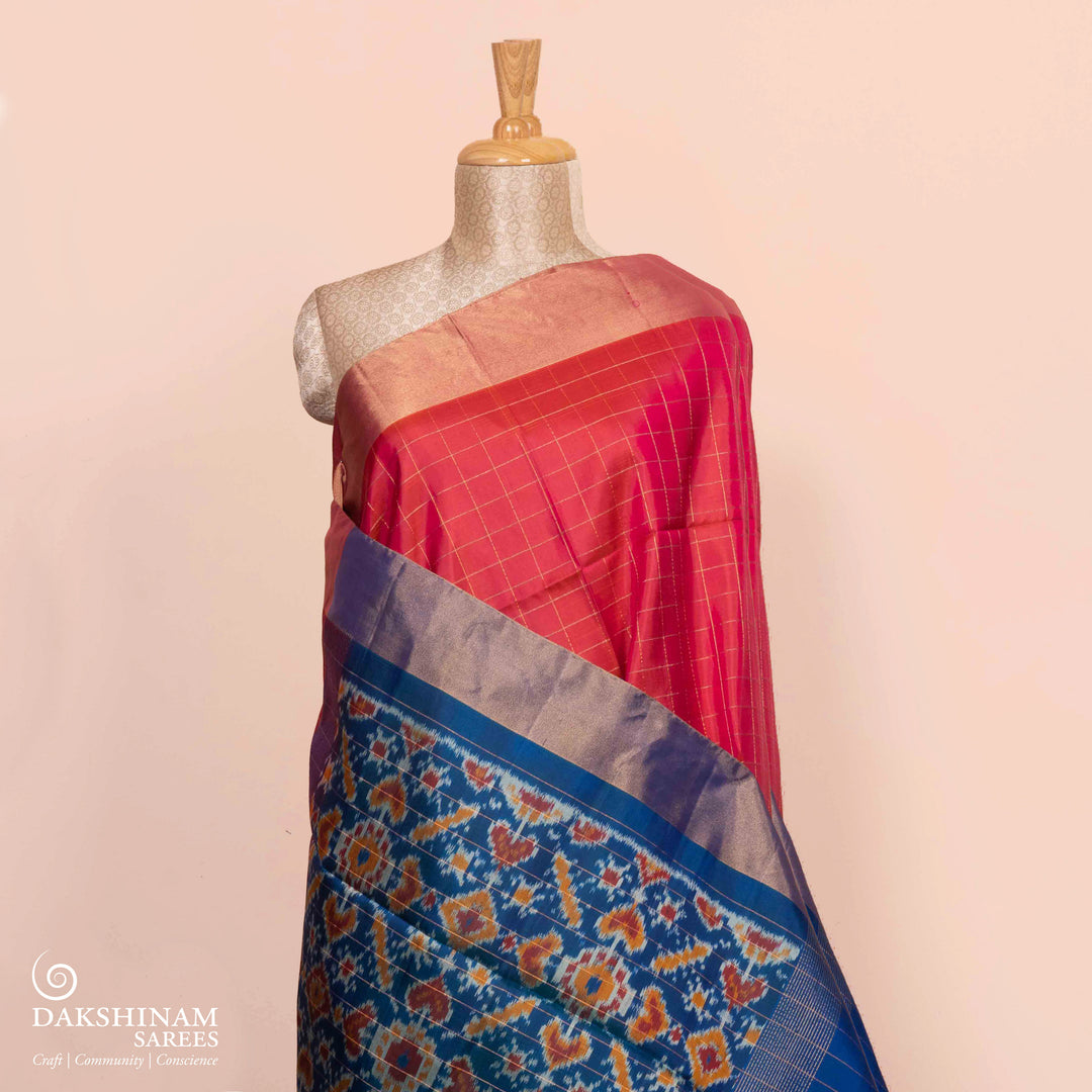 Pleats/body of Handwoven Peach with Blue Ikat Soft silk Saree