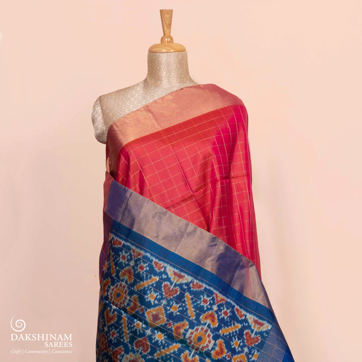 Handwoven Peach with Blue Ikat Soft silk Saree- 3052T014943DSC