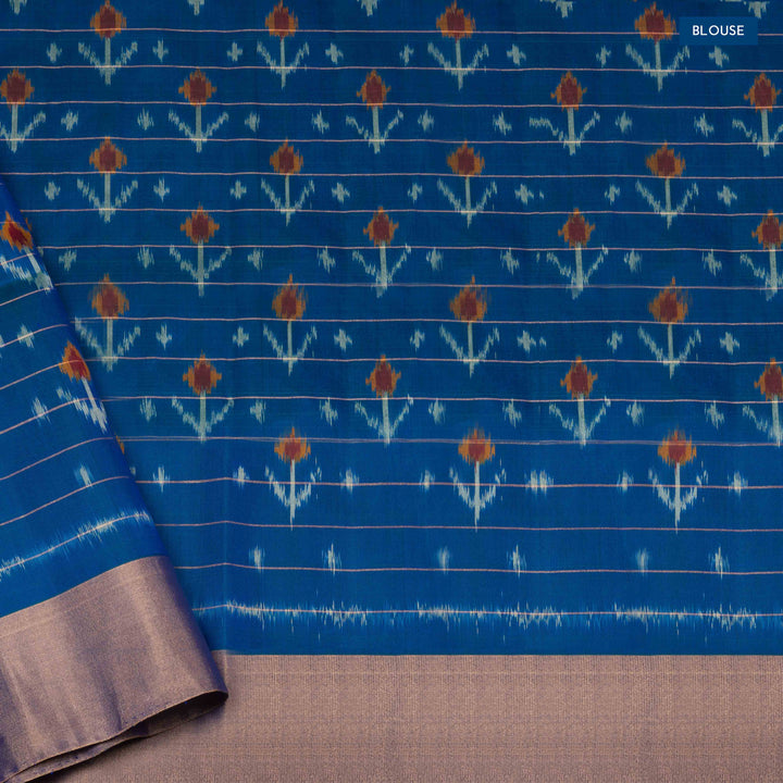 Blouse of Handwoven Peach with Blue Ikat Soft silk Saree