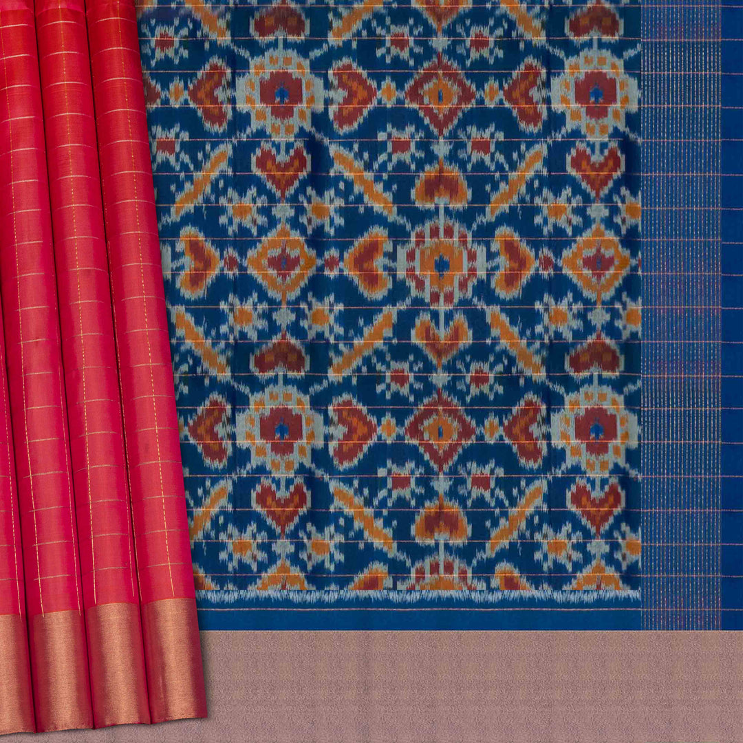 Body design of Handwoven Peach with Blue Ikat Soft silk Saree