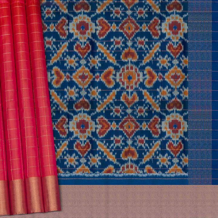 Body design of Handwoven Peach with Blue Ikat Soft silk Saree