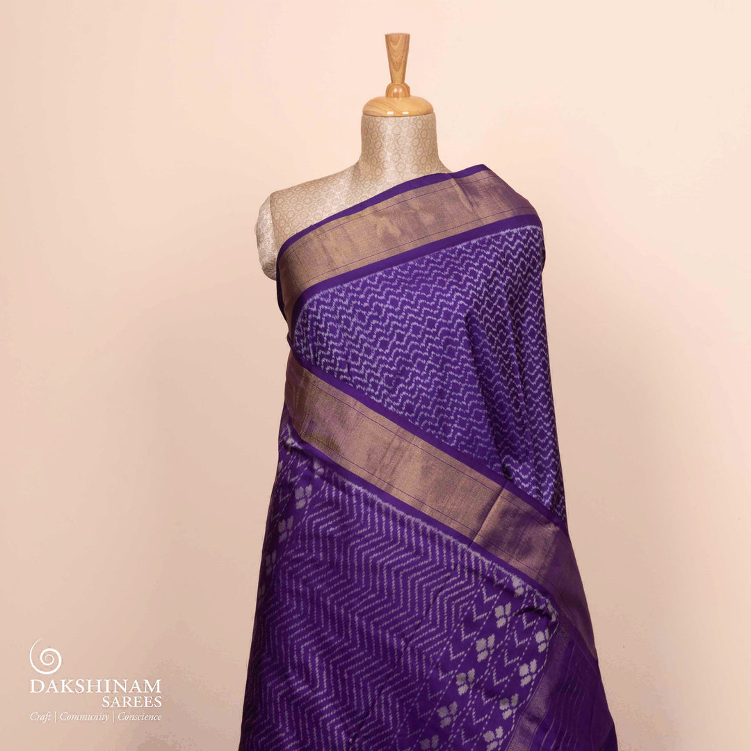 Pleats/body of Handwoven Purple monotone Ikat silk Saree