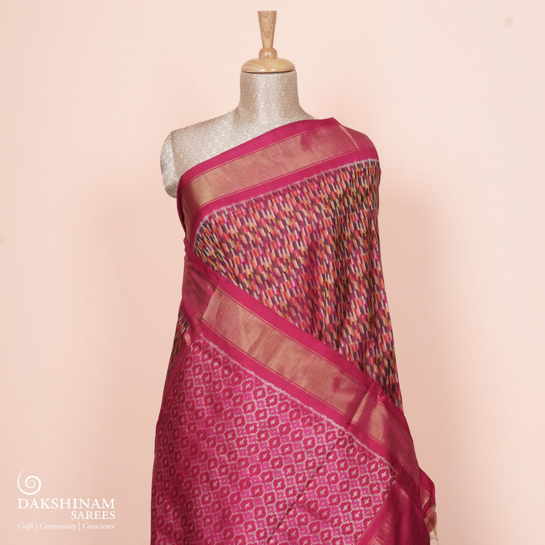 Pleats/body of Handwoven Multicolor with Pink Ikat silk Saree