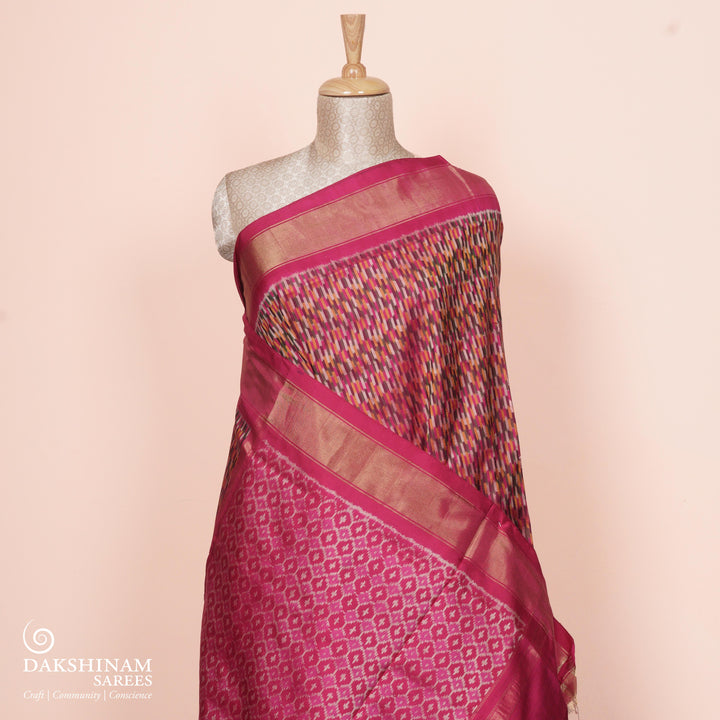 Pleats/body of Handwoven Multicolor with Pink Ikat silk Saree