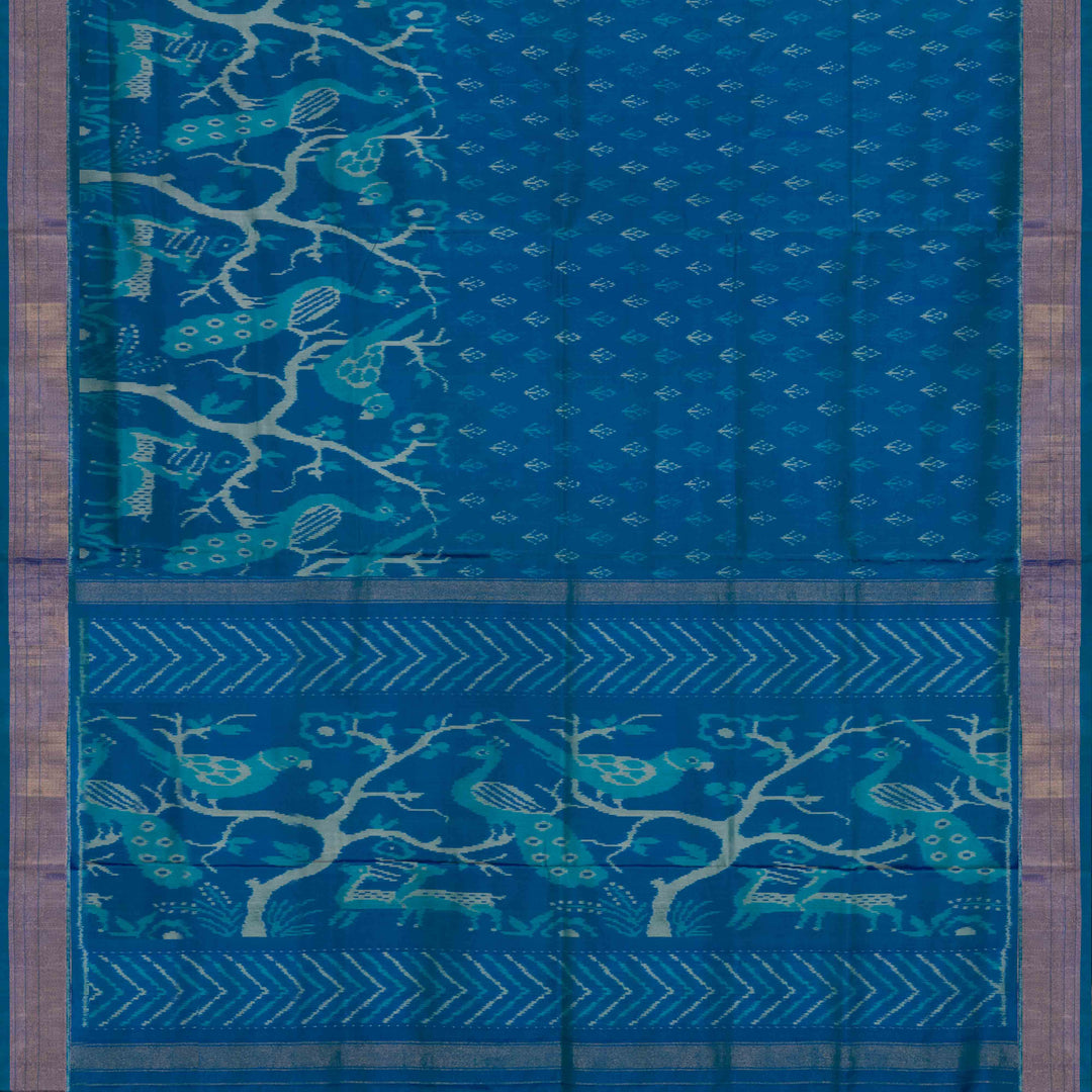 Pallu of Handwoven Blue Ikat silk Saree-3056N026401DSC