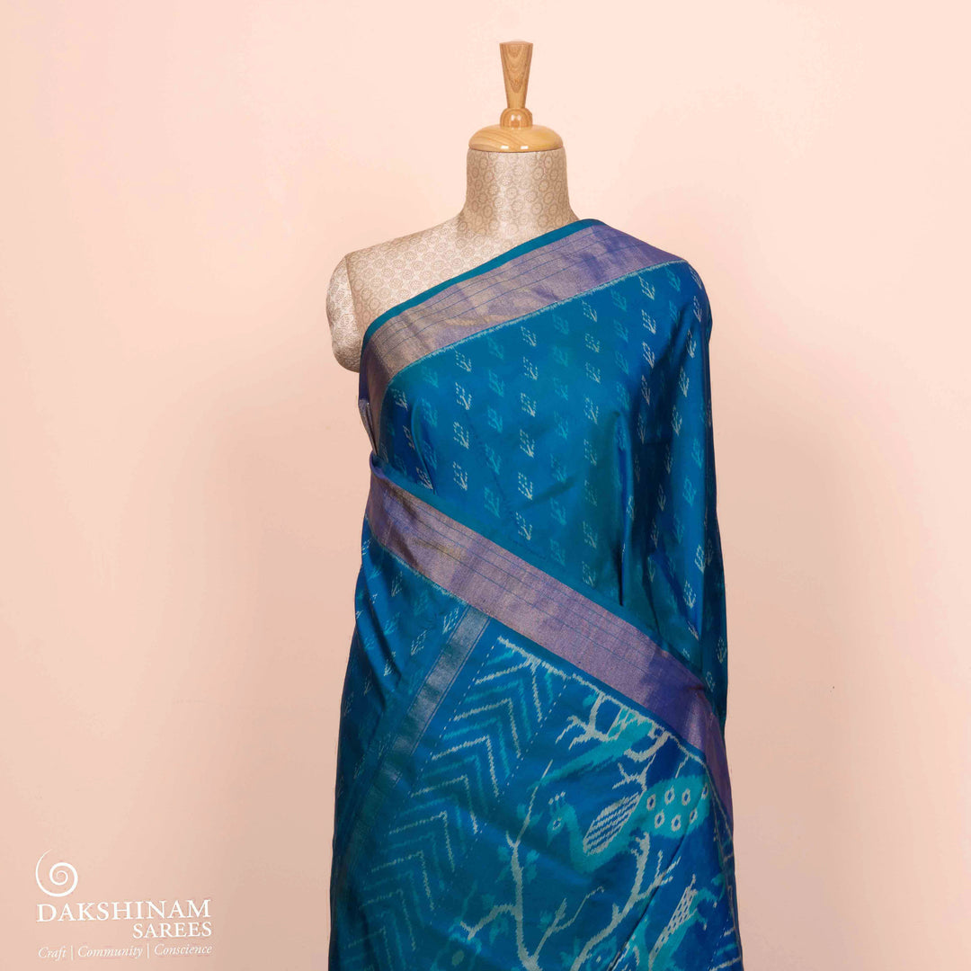 Plets/body of Handwoven Blue Ikat silk Saree-