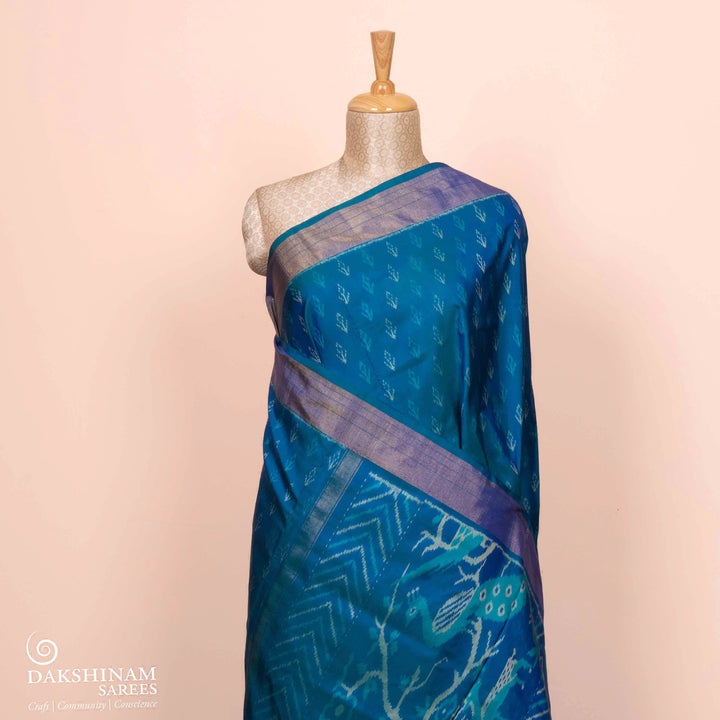 Plets/body of Handwoven Blue Ikat silk Saree-