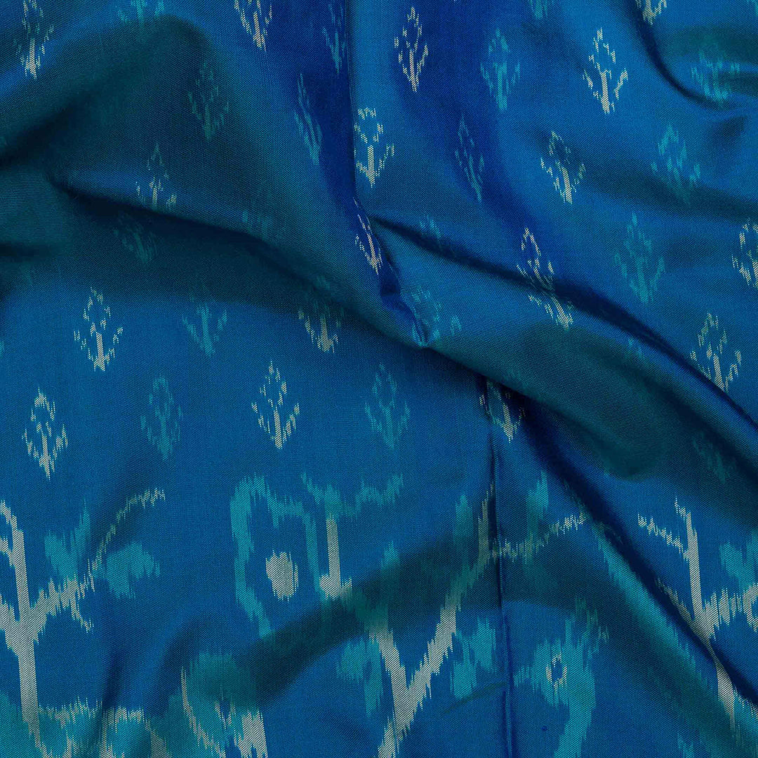Closeup of  Handwoven Blue Ikat silk Saree
