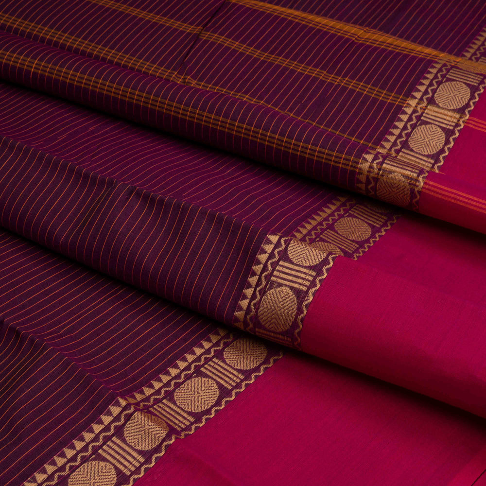 Closeup of Handwoven Purple with Ganga Jamuna border Chettinad Cotton Saree