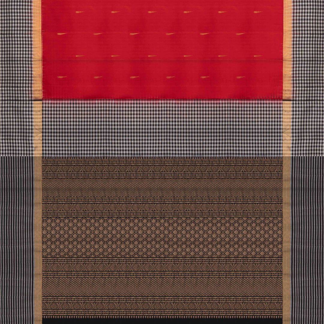 Body and pallu view of a Red soft silk saree with black border and zari buttas.