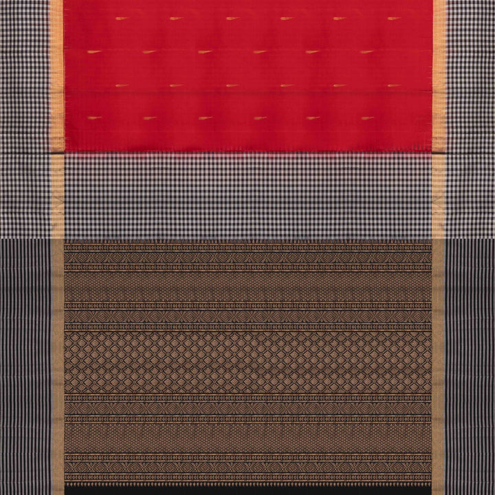 Body and pallu view of a Red soft silk saree with black border and zari buttas.