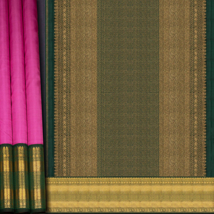 Closeup view of a Pink korvai Kanjivaram silk saree with green border.