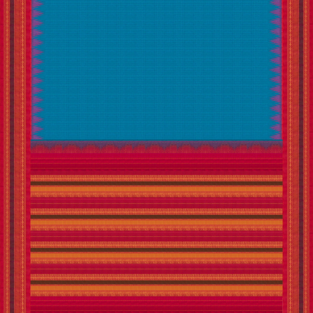 Body and Pallu Closeup view of a Blue Gadwal silk cotton saree with red dual-tone border.
