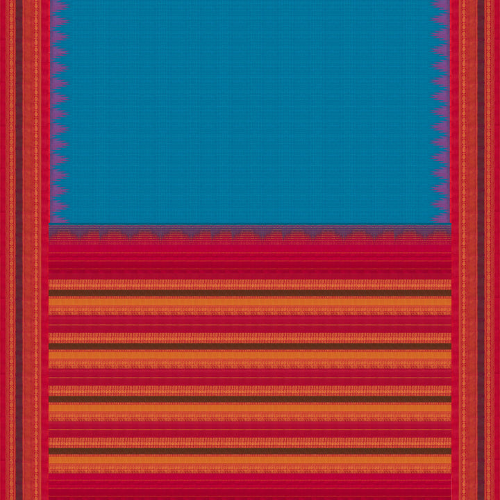 Body and Pallu Closeup view of a Blue Gadwal silk cotton saree with red dual-tone border.