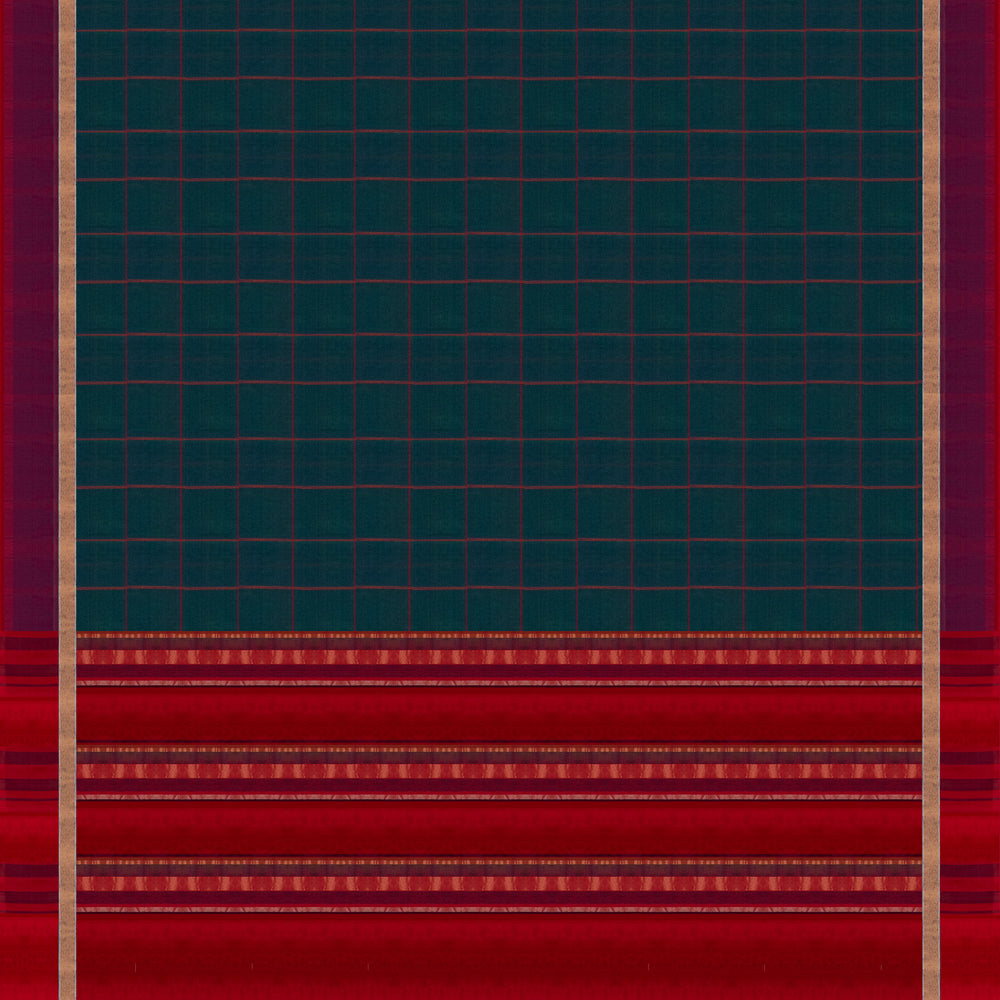 Body and Pallu view of a Peacock blue silk cotton saree with wine border and red zari pallu.
