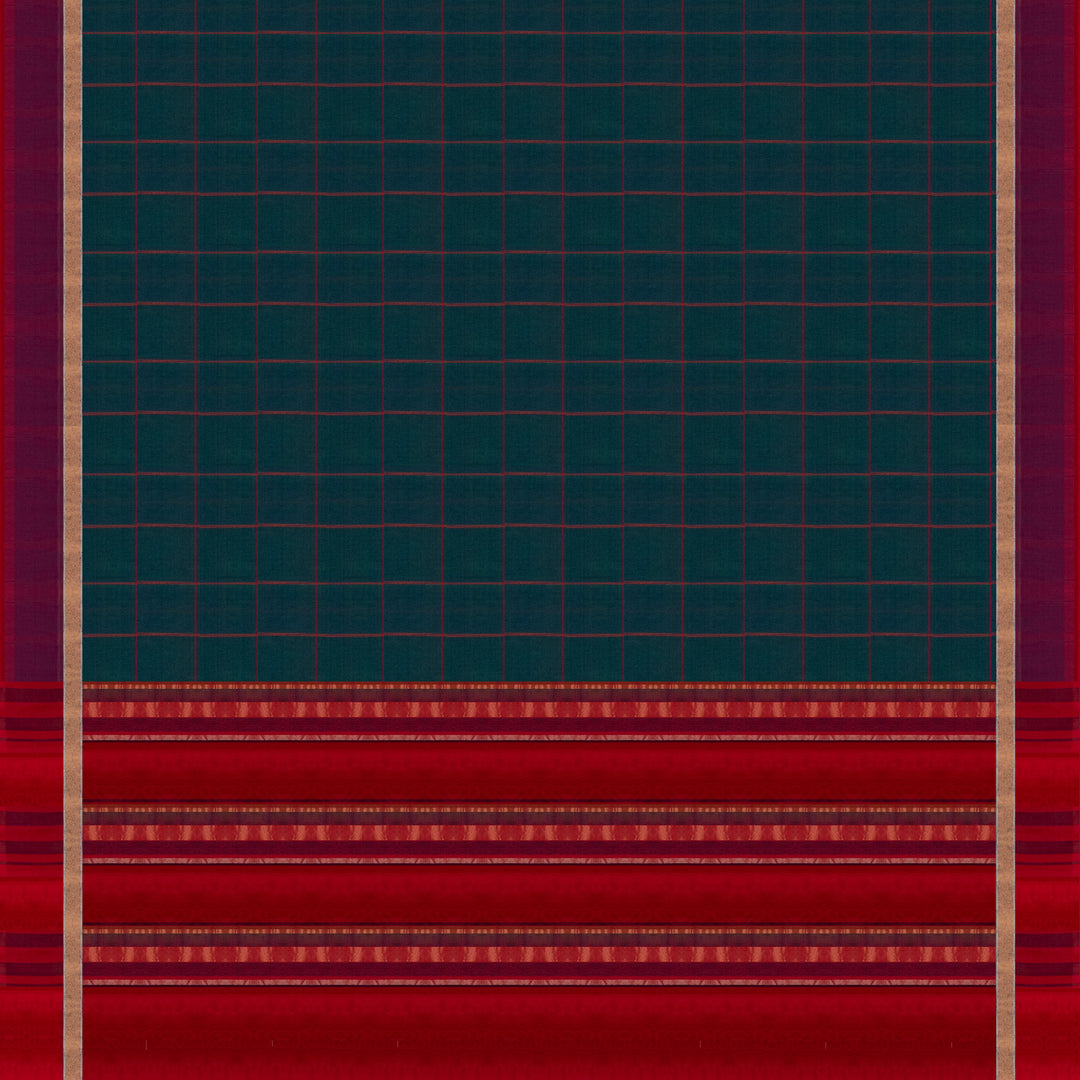 Body and Pallu view of a Peacock blue silk cotton saree with wine border and red zari pallu.