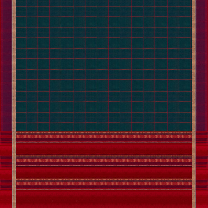 Body and Pallu view of a Peacock blue silk cotton saree with wine border and red zari pallu.