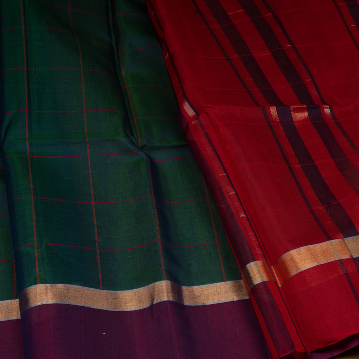 Handwoven Peacock blue with Red Silk cotton Saree- 3018T014156DSC