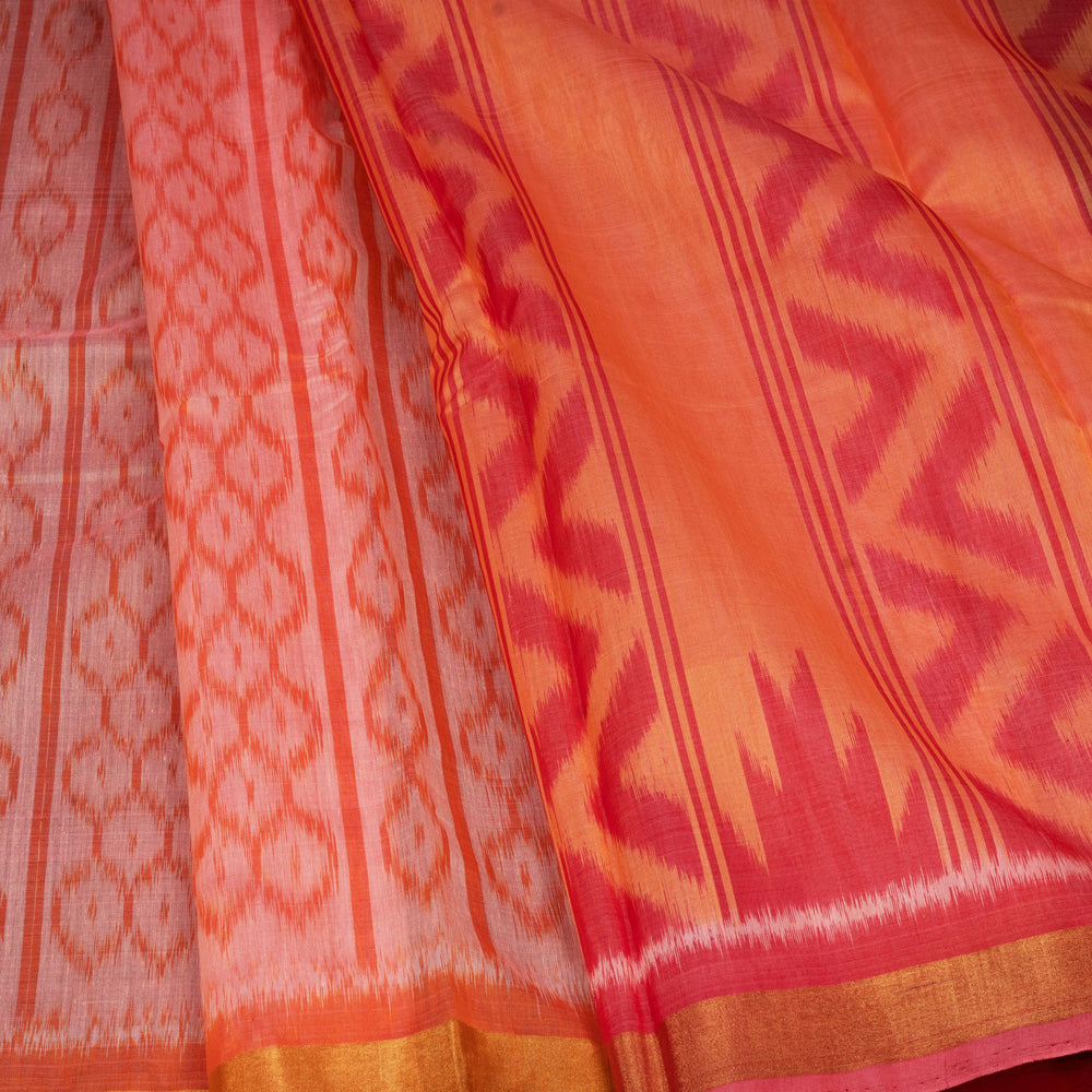 Closeup of Handwoven Peach Ikat Silk Cotton Saree