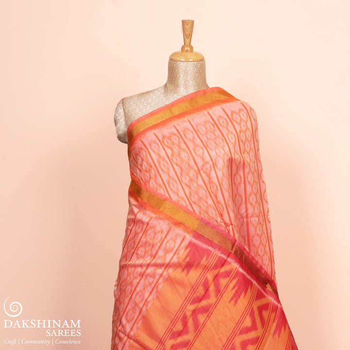 Pleats/body of Handwoven Peach Ikat Silk Cotton Saree