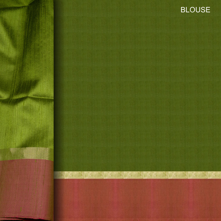 Handwoven Green with Pink Dupion silk Saree- 3017T013741DSC