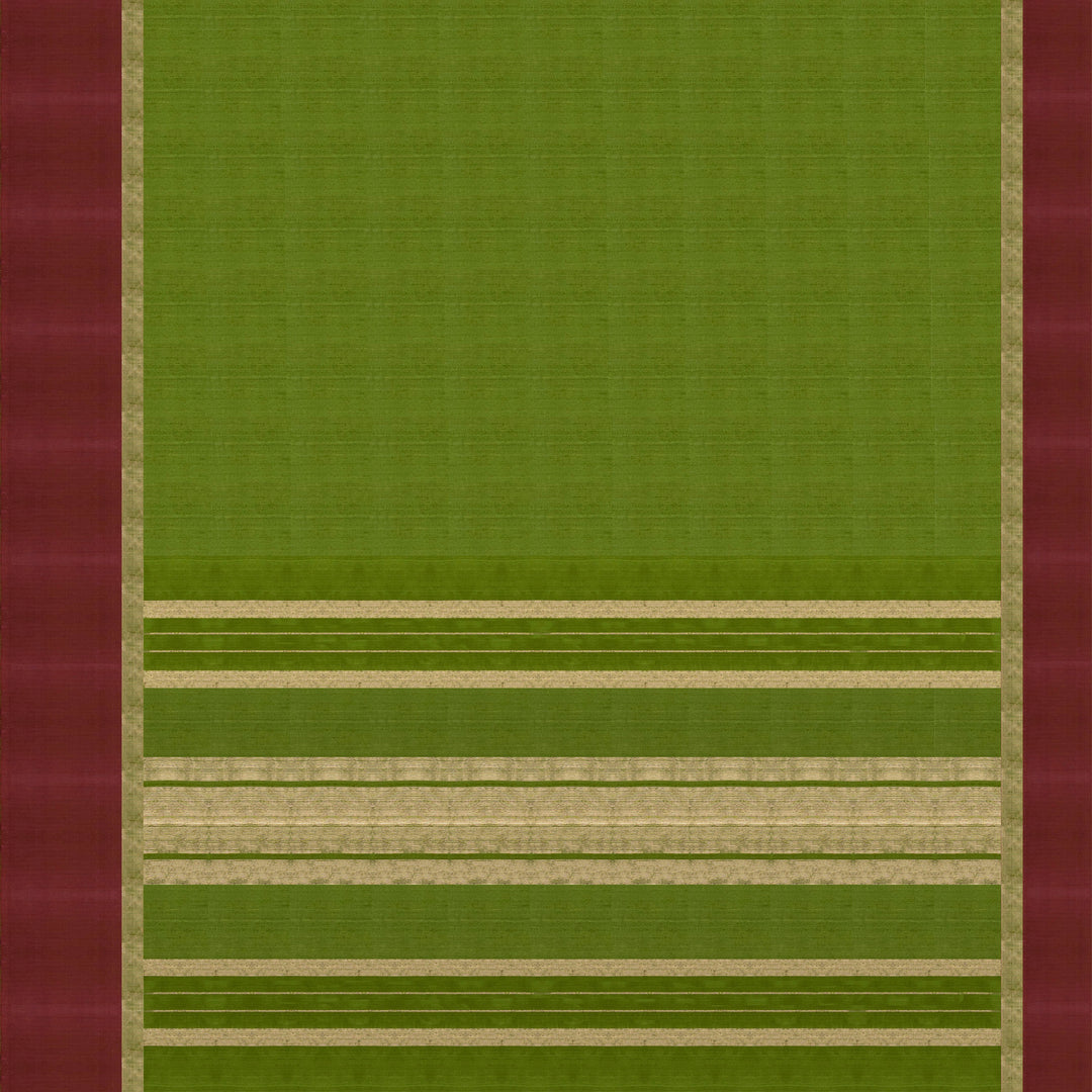 Blouse and Pallu view of a Green Dupion silk saree with pink border and gold zari pallu.