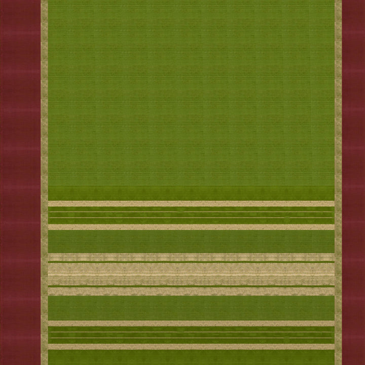 Blouse and Pallu view of a Green Dupion silk saree with pink border and gold zari pallu.