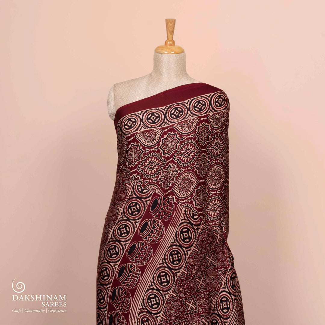 Pleats/body of Handwoven Maroon Modal Silk Saree