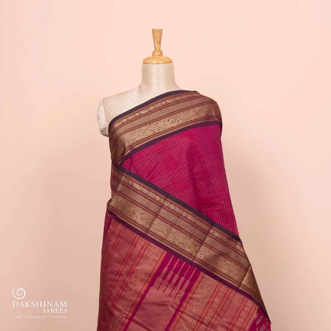 Pleats/body of Handwoven Pink with Purple Kanjivaram Cotton Saree